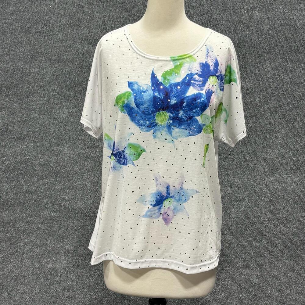 Cathy Daniels Shirt Womens XL White Blue Floral Studded Dolman Scoop Neck Top